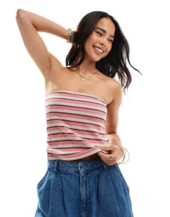 Pieces Ribbed Bandeau Top In Stripe For Women Multi