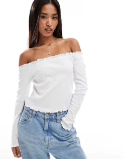 Pieces Off The Shoulder Long Sleeved Top With Lettuce Edge Detailing In White For Women