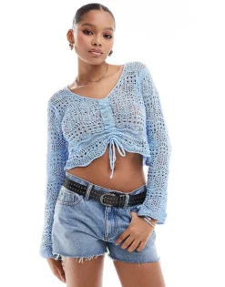 Pieces Crochet Ruched Front Top In Blue For Women Lightblue