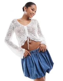 Pieces Crochet Ruched Front Top In White For Women