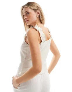 Pieces Linen Touch Button Front Top With Gathered Straps In Cream For Women