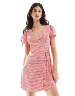 Pieces Wrap Front Mini Dress In Red Check For Women