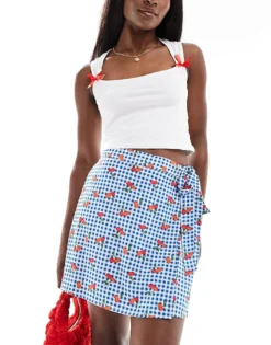 Pieces Wrap Front Mini Skirt In Gingham Cherry Print For Women Multi