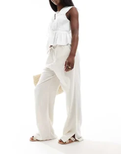 Pieces Linen Touch Drawstring Waist Wide Leg Trousers In Cream For Women