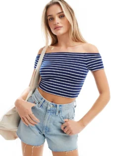 Pieces Off The Shoulder Top In Navy And White Stripe For Women Multi