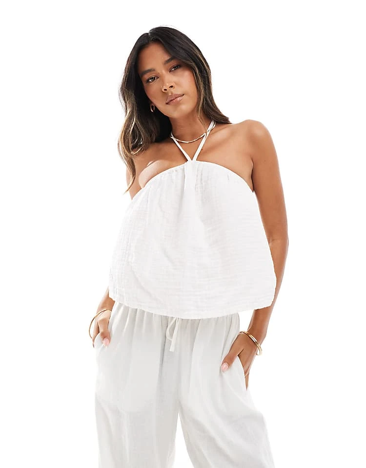 Pieces Textured Halterneck Smock Top In White For Women - Image 5