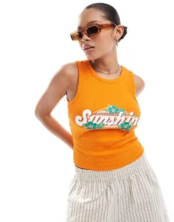 Pieces Racer Neck Vest Top With ""sunshine"" Print In Orange For Women