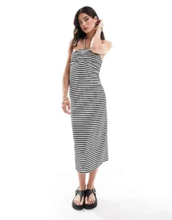 Pieces Halter Neck Maxi Dress In Black And White Stripe For Women Mono