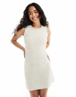 Pieces Knitted Skater Mini Dress In Cream For Women