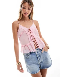 Pieces Romantic Sheer Tie Front Cami Top In Pink For Women