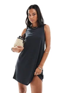 Pieces Slinky Boat Neck Mini Swing Dress In Black For Women