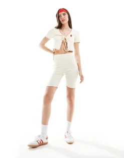 Pieces Tie Front Embroidered Strawberry Top And Ribbed Legging Short Co-ord In C