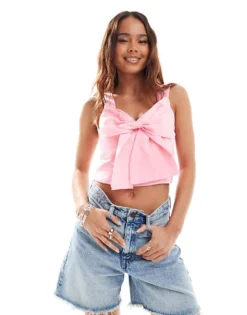 Pieces Concert Bow Front Top In Pink For Women