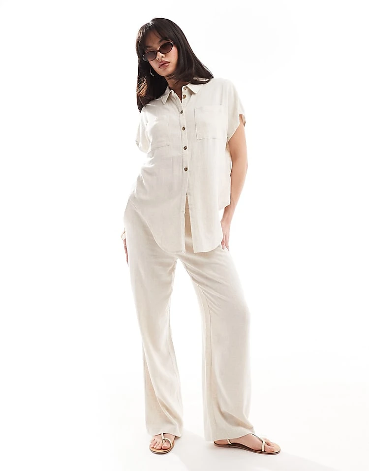 Pieces Tie Front Linen Shirt And Wide Leg Linen Trouser Co-ord In Cream