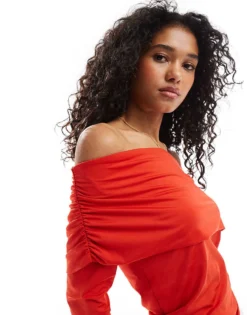 Pieces Foldover Bardot Top In Poppy Red For Women