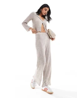 Pieces Ribbed Jersey Wide Leg Trouser Co-ord In Beige Melange For Women