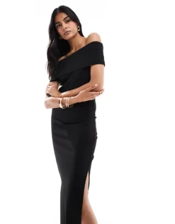 Pieces Jersey Off Shoulder Ribbed Maxi Dress In Black For Women