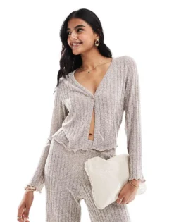 Pieces Ribbed Jersey Thrown On Cardigan Co-ord In Beige Melange For Women