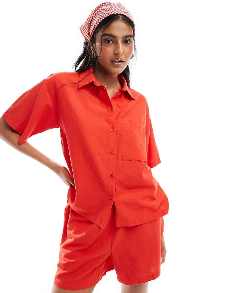 Pieces Linen Touch Boxy Shirt And Shorts Co-ord In Poppy Red - Image 2