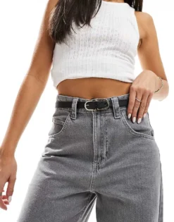 Pieces Leather Look Gold Double Buckle Belt In Black For Women