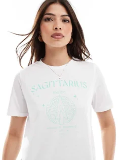 Pieces Zodiac T-shirt With ""Sagittarius"" Print In White For Women