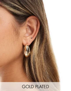 Pieces Ridged Chunky Hoop Earrings In Gold For Women