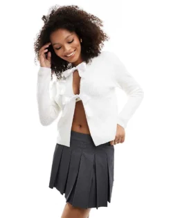 Pieces Knitted Cardigan With Satin Bow Ribbon Front In White For Women