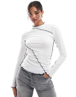 Pieces Long Sleeved Top With Contrast Lettuce Edge Detailing In White For Women