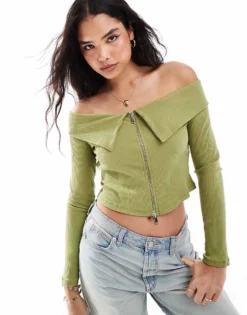 Pieces Off The Shoulder Zip Through Long Sleeve Top In Green For Women