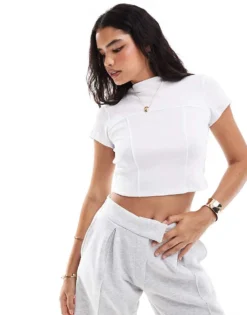 Pieces Ribbed Racer Seam Detail T-shirt In White For Women