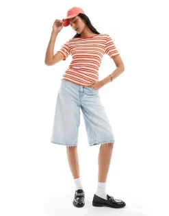 Pieces Short Sleeve T-shirt In Red Stripe For Women