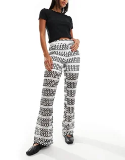 Pieces Wide Leg Crochet Knit Trousers In Mono Stripe For Women