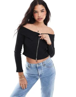 Pieces Off The Shoulder Zip Through Long Sleeve Top In Black For Women