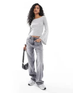 Pieces Structured Rib Knit Top With Flared Sleeve In Grey For Women Light Grey