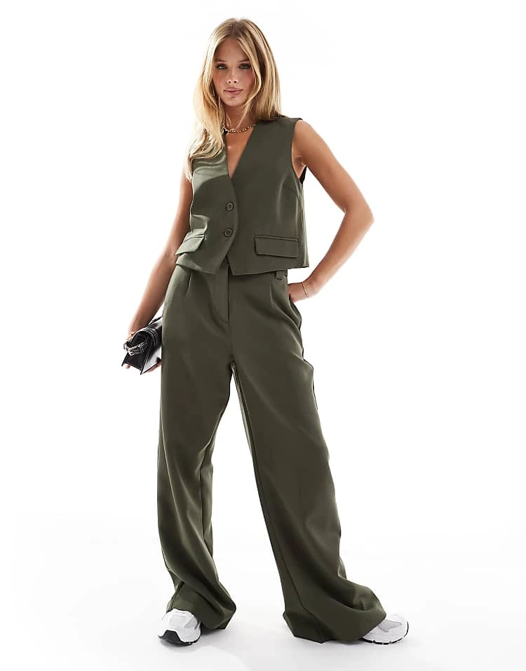 Pieces Tailored Waistcoat And Multiway Button Leg Trouser Set In Khaki