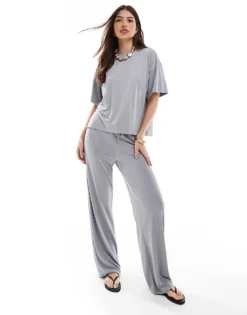 Pieces Slinky Super Soft Boxy T-shirt And Wide Leg Trouser Co-ord In Grey
