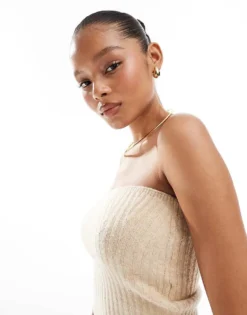 Pieces Knitted Tube Top Co-ord In Cream Melange For Women