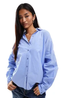 Pieces Oversized Casual Cotton Shirt In Blue For Women Light Blue