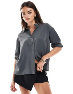 Pieces Oversized Boxy Shirt In Magnet Grey For Women Charcoal