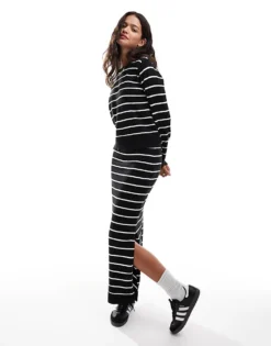 Pieces Fine Knit Jumper And Maxi Skirt Co-ord In Black Stripe