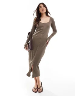 Pieces Ribbed Button Through Midi Dress With Side Split Sleeves In Brown For Women