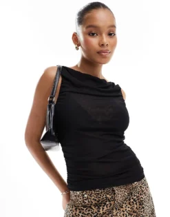 Pieces Ruched Boat Neck Mesh Top In Black For Women