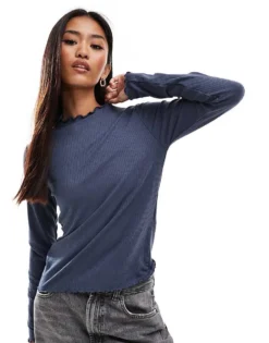 Pieces Lettuce Hem Long Sleeve Top In Ombre Blue For Women