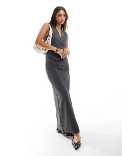 Pieces Tailored Slit Front Maxi Skirt And Waistcoat Co-ord In Magnet Grey