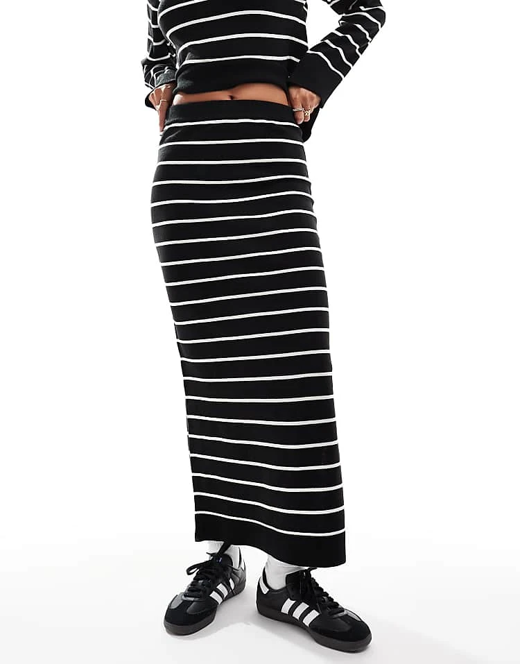 Pieces Fine Knit Jumper And Maxi Skirt Co-ord In Black Stripe - Image 2