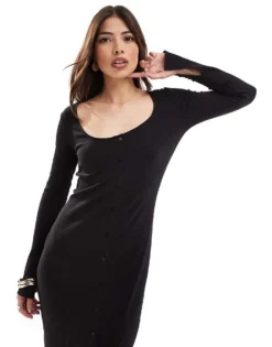 Pieces Ribbed Button Through Midi Dress With Side Split Sleeves In Black For Women