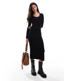 Pieces Premium Structured Ribbed Long Sleeve Maxi Dress In Black For Women