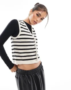 Pieces Knitted Waistcoat With Gold Buttons In Beige Stripe For Women