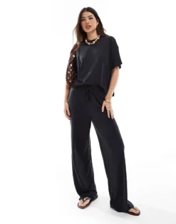 Pieces Slinky Super Soft Boxy T-shirt And Wide Leg Trouser Co-ord In Black