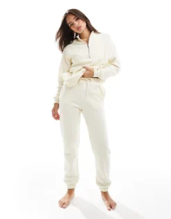 Pieces Half Zip Sweat & Jogger Co-ord With Tie Waist In Neutral Beige